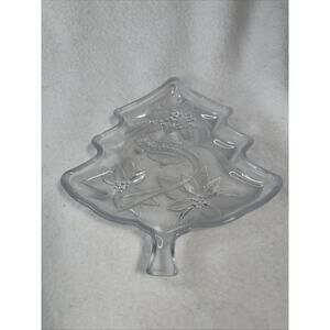 Holiday Clear Glass Tree Candy Dish w/ Bell & Flower Design